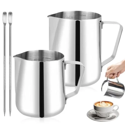 Imagen de Jarra Leche Barista, 600 ml y 350 Lechera Acero Inoxidable, Plata Espumadora Leche, con Marca de Medición, Inoxidable para Capuchino