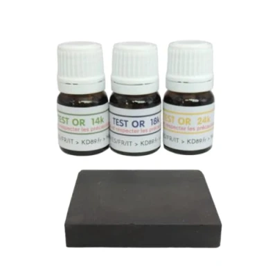 Imagen de KD89 Surtido de reactivos/soluciones para probar el oro, 14 18 24 quilates, con piedra toque natural e instrucciones en varios idiomas, experiencia joyas, piezas, lingotinos, 2,5 ml