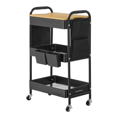 Imagen de SONGMICS Carro de 3 Niveles, con Estante, 2 Contenedores Colgantes Extraíbles, 6 Bolsillos Laterales, para Sala Estar, Estudio, Cocina, Baño, Negro Tinta LRC036B01