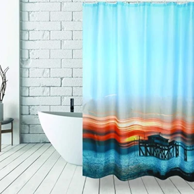 Imagen de MSV Cortina de Ducha antimoho, antibacteriana, Lavable, Impermeable, con 12 Anillas, poliéster, Puesta Sol, 180 x 200 cm