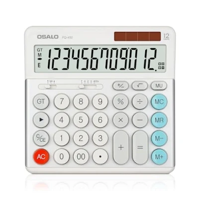 Imagen de OSALO calculadora de Escritorio con Pantalla LCD Extra Grande 12 dígitos Botones Grandes, Contable batería y energía Solar para Oficina, Negocios, Uso Diario, hogar (FQ 450)
