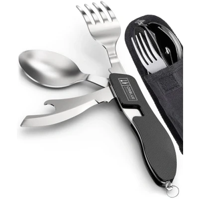 Imagen de Orblue Paquete de 2 Utensilios camping 4 en 1 Cuchara portátil acero inoxidable para camping, tenedor, cuchillo y abridor latas/botellas embalaje con funda