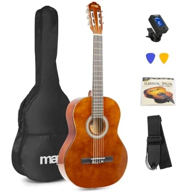 Imagen de MAX SoloArt Guitarra clasica con cuerdas de nailon para Principiantes Adultos flamenca Funda, Afinador, Púa, Correa y Accesorios Española 4/4 en Madera Natural Oscura