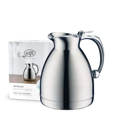 Imagen de alfi HOTELLO 0,6 l, Jarra isotérmica de Doble Pared Acero Inoxidable, Mantiene el Calor 4 Horas, frío 6 Tapa Suelta, vertido con una Mano, sin plástico, lavavajillas, hostelería