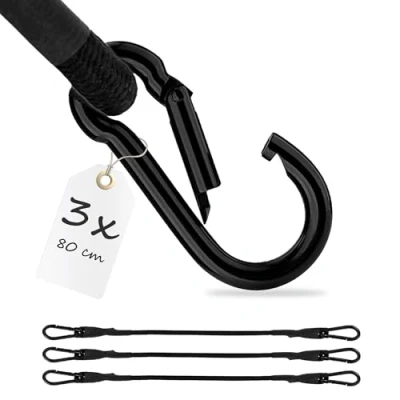 Imagen de ECENCE 3 Piezas Cuerdas elásticas con Mosquetones de 80cm en Color Negro Pulpos elásticos Gancho, Tensore para Maletas Bicicleta, Coche,