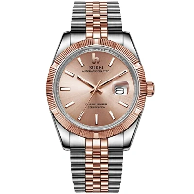 Imagen de BUREI Hombres Relojes automáticos de Lujo Azul Claro Dial Calendario analógico Visualización la Ventana Cristal Zafiro Lente con Banda Acero Inoxidable Plateado