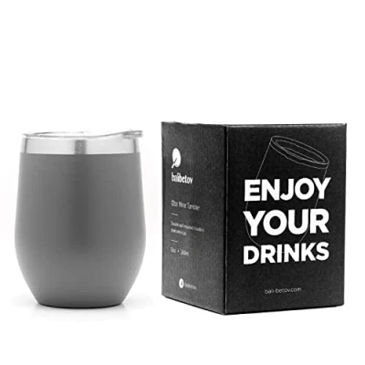 Imagen de balibetov Vaso Termo para Vino con Tapa (355ml) de Llevar Taza Termica Café, Té, Vino, Cerveza y mas Frio Calor (Gris)