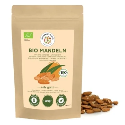 Imagen de almendras bio 500g de Munchilycious, crudas, sin tostar y sal, snacks frutos secos, keto, perfectos para preparar leche harina