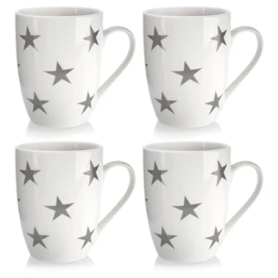 Imagen de com four® 4X Tazas de café cerámica diseño Moderno Cafetera para Bebidas frías y Calientes Taza con asa Blanca Estrellas Beber 300 ml (Estrellas 300ml)