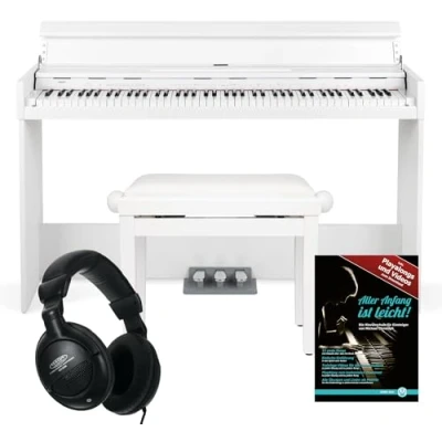 Imagen de Funkey DP 1088 WM Piano digital set 88 teclas teclado delgado sensibles al tacto 20 sonidos, incluida pedalera Con banco y auriculares Blanco mate
