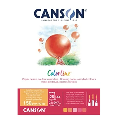 Imagen de CANSON Colorline Bloc de 25 hojas papel dibujo color A4, 150 g/m², surtido amarillo/rosa/rojo