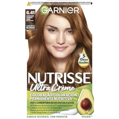 Imagen de Garnier Nutrisse Creme Coloración Nutritiva Permanente, Tinte 100% Cobertura de Canas con Mascarilla 4 Aceites Tono 6.41 Marrón Intenso