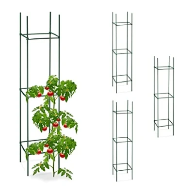 Imagen de Relaxdays Set 4 Jaulas Tomates, Soporte Plantas Trepadoras, Tutor Tomateras, 150 x 32 cm, Acero y Plástico, Verde