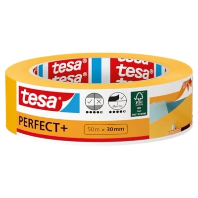 Imagen de tesa Cinta de Pintar Perfect+ Carrocero Papel tipo Washi Fino Trabajos Pintura y Enmascarado Precisión Uso en Interiores 50 m x 30 mm, Amarillo