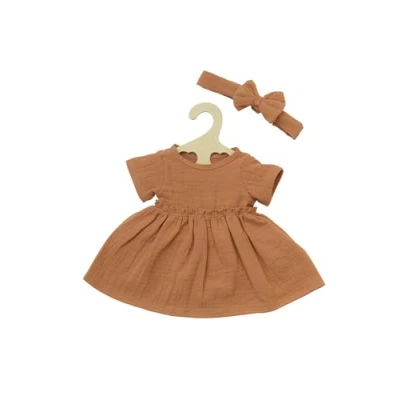 Imagen de Heless 1425 Ropa algodón 100% orgánico, Juego de 2 Piezas con Vestido y Cinta para el Pelo Caramelo muñecas Peluches tamaño 28 35 cm, sólido, Color Brown (1425)