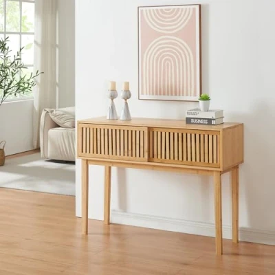 Imagen de [en.casa] Consola Ypäjä con 2 Puertas Corredoras Versátil Mueble Recibidor Mesa de Entrada Compartimento Cerrado Diseño Atractivo Bambú 110 x 39 81 cm Natural