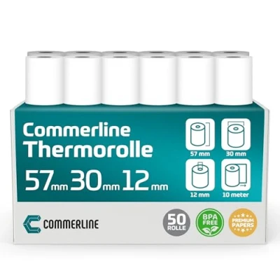 Imagen de Commerline rollos de papel térmico 57 mm x 30 12 mm, 10 metros, 50 rollos, EC, rollo térmico, caja registradora