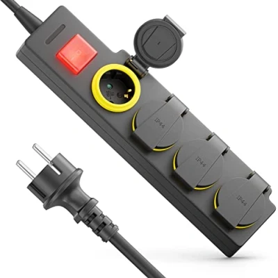 Imagen de deleyCON Regleta de 4 Vías para Exterior con Cable 1,4m Uso en Exteriores 4X Tomas Contacto Protección IP44 Interruptor ON/Off a Prueba Salpicaduras Jardín Terraza Balcón