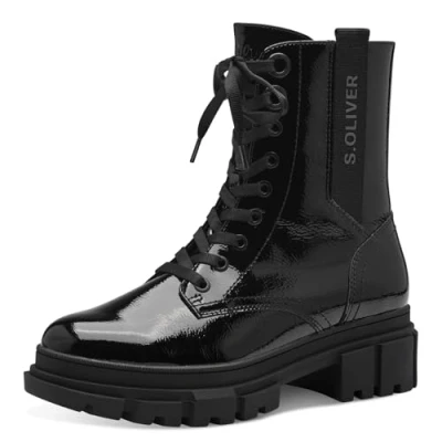 Imagen de s.Oliver Botas Planas de Encaje para Mujer 5 25221 43, Cortas al Tobillo, Patente Negra, 37 EU