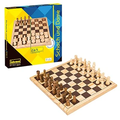 Imagen de Idena 40174 Juego clásico de ajedrez y Dama 2 en 1, con Tablero Juego, 32 Piezas 24 Piedras Planas, para emocionantes Noches Amigos Familiares