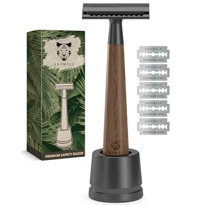 Imagen de ANYMALE® Maquinilla de afeitar madera nogal Juego con soporte y 5 cuchillas ASTRA Afeitadora Zero Waste para hombre mujer