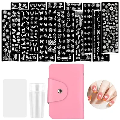 Imagen de Cozlly 12 Pcs Plantillas para Uñas con y Bolso,Nail Art Stamping Placas Uñas,Nail Kit,Plantilla Estampado de Sello,Raspador Silicona Nail Stamper,para DIY