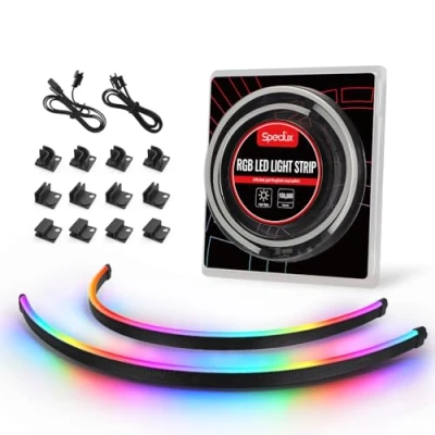Imagen de Speclux Tira de LED RGB direccionable para PC NEON, 2x15.7 pulgadas WS2812 RGBIC Rainbow Magnetic ARGB strip Aura SYNC 5V y 3 pines, Gigabyte Fusion, con 12 fuertes soportes magnéticos