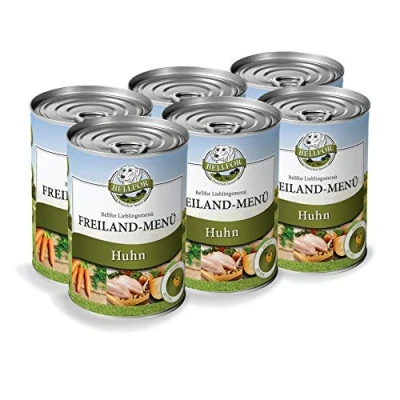 Imagen de Bellfor Cibo umido Senza cereali per cani con menù di Pollo 6 x 400 g. Ricco frutta e verdura Fresca regionale, Privo additivi artificiali, Perfetto sensibili Tutte le razze.
