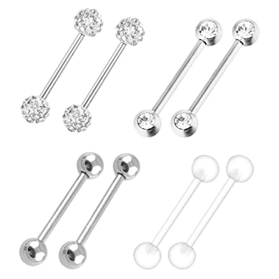 Imagen de LEEQ 4 Pares de Pendiente Pesas 316L Acero Inoxidable Anillos Pezón Aros Lengua Zirconia Cúbica Joyería Piercing Cuerpo, 14 Gauge