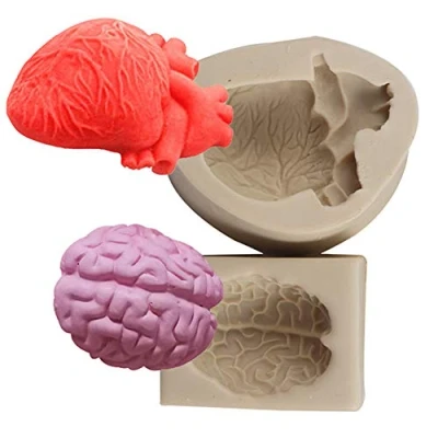 Imagen de XLZSP Moldes de silicona órgano humano simulación Halloween, molde pastel fondant 3D corazón y cerebro, chocolate, galletas, arcilla polimérica, yeso, hielo,