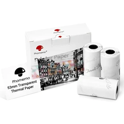 Imagen de Phomemo papel de impresora transparente 53 mm compatible con M02/M02S/M02Pro/M03/M03AS/M04S/M04AS Mini impresora, 3 rollos adhesivo térmico autoadhesivo, x 3,5 m