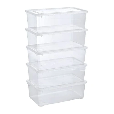 Imagen de Grizzly 5 x Caja de Almacenaje con Tapa L Cajón Plástico Transparente Apilable Multiusos Organizador Armarios para Ordenación Ropa