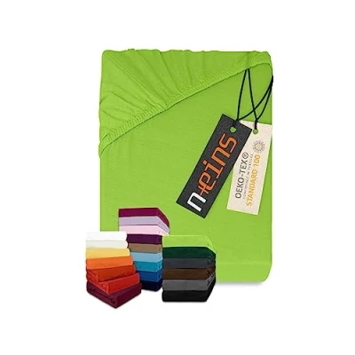 Imagen de npluseins Sábana bajera clásica de punto jersey, disponible en 34 colores modernos y 6 tamaños diferentes, 100% algodón, 90 100 x 200 cm, color verde manzana