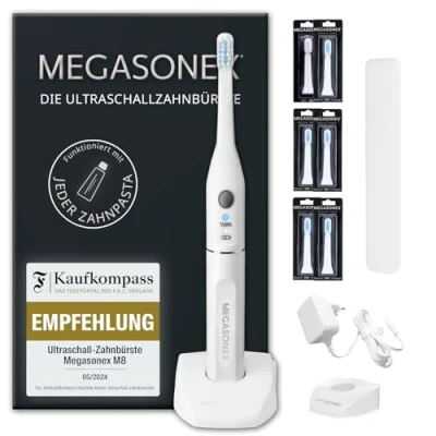 Imagen de MEGASONEX cepillo de dientes ultrasónico M8 con 2 niveles vibración, incluye 4 cabezales medianos