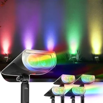 Imagen de Linkind RGB lámpara solar para exteriores, luz de colores con 10 modos luz,IP67 impermeable Lampara Exterior 2 en 1 montaje foco Halloween Navidad, 4 piezas