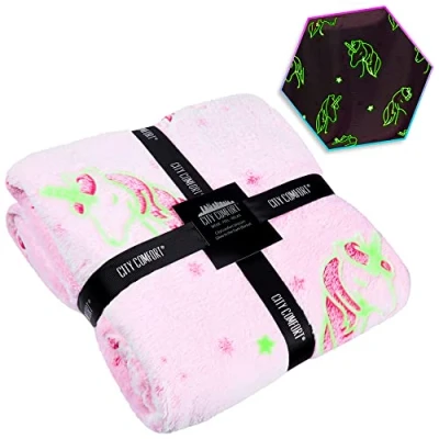 Imagen de CityComfort Manta Polar con Unicornio fosforescente Glow in The Dark Plaid para niño (Rosa)