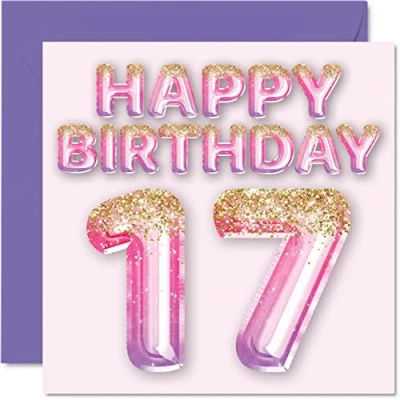 Imagen de Stuff4 Tarjeta de cumpleaños número 17 para niñas, globos purpurina rosa y morada, tarjetas feliz niñas años, hija, hermana, nieta, prima, 145 mm x mm,