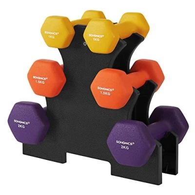 Imagen de SONGMICS Juego de Mancuernas Hexagonales con Soporte, 2 x 1 kg, 1,5 Revestimiento Vinilo, Pesas Ejercicio, Gimnasio en Casa, Amarillo, Naranja y Violeta SYL69BK