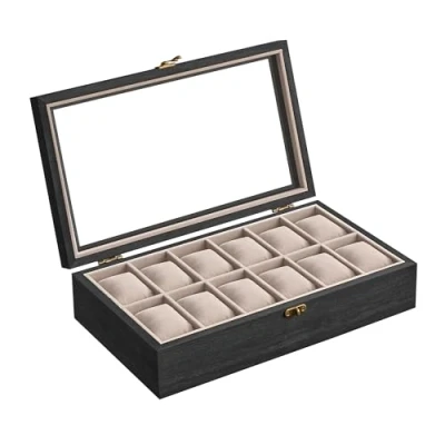 Imagen de SONGMICS Caja para Relojes con 12 Compartimentos, de Madera Maciza, Tapa Cristal, Cojín Relojes, Regalo Queridos, Negro Ébano JOW120B01