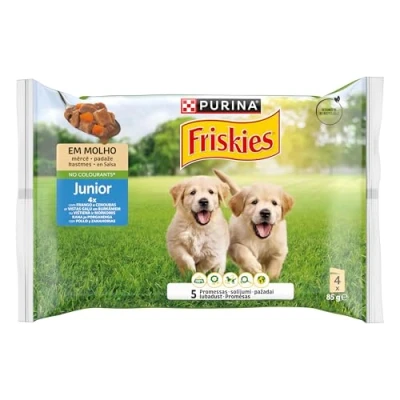 Imagen de Purina Friskies Comida húmeda para Perro Junior, Cachorro, en Salsa con Pollo y Zanahoria, 12 Paquetes de 4 Sobres 85g