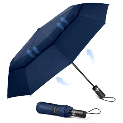 Imagen de TECKNET Paraguas Plegable, Antiviento Sombrilla con Doble Cubierta para Hombres, Automático Abierto y Cierre, Ligero Portátil, Viaje Grandes Umbrella de 10 Varillas, Azul