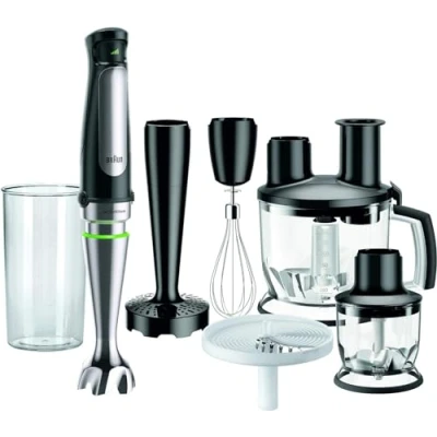 Imagen de Braun Minipimer 7 MQ7087X Batidora de Mano 1000W, Minipicadora 350ml, Pasapuré, Varillas, Procesador Alimentos con 3 Funciones, Vaso 600ml, Velocidad Automática, Tecnología ActiveBlade