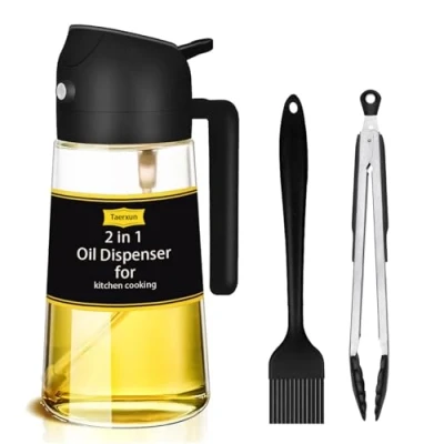Imagen de Taerxun Pulverizador aceite spray,Spray cocina y vierta 2 en 1 aceitera cristal,470ml antigoteo,Apto para cocina, Freidora, Grill, Horneado, Etc., Negro.