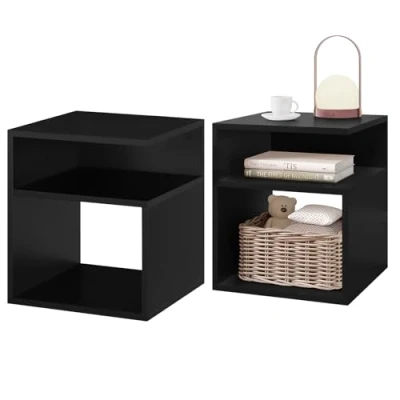 Imagen de EUGAD Juego de 2 Mesilla Noche con Compartimentos Abiertos, Mesita Dormitorio, Mesa Auxiliar Salón, Moderna para Cama, Sofá, 35x35x41,5 cm, Negro, 0006CTG