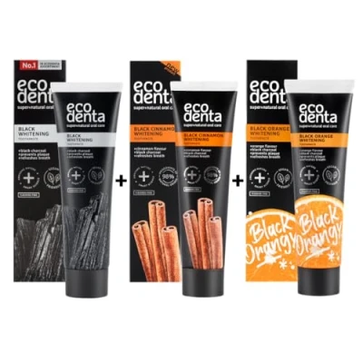 Imagen de Ecodenta Black Whitening Juego de 3 pastas dentales blanqueadoras carbón negro, 100 ml, pasta dientes blanqueadora con canela negra, sabor a naranja,