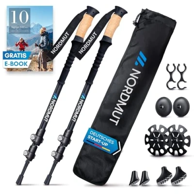 Imagen de NORDMUT® bastones de senderismo telescópicos aluminio, marcha nórdica para hombre y mujer, ultraligeros, con juego topes goma, ajustables mango corcho real