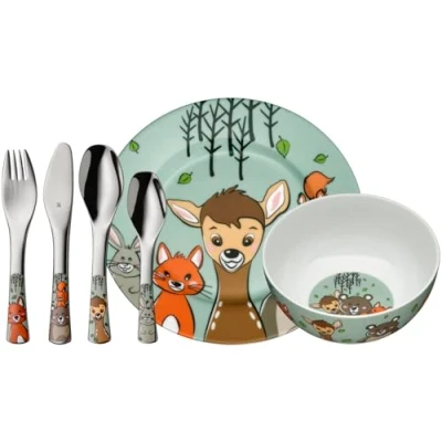 Imagen de WMF Animalitos del bosque Vajilla para niños 6 piezas incluye plato, cuenco y cubertería (tenedor, cuchillo de mesa, cuchara pequeña) Kids infantil Acero Inoxidable Cromargan