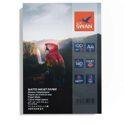 Imagen de BLUE SWAN Papel fotográfico mate para inyección de tinta A4, 100 hojas, 140 g/m², doble cara, alto brillo del color, baja reflexión, secado instantáneo, compatible con impresoras