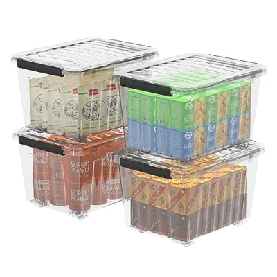 Imagen de Cetomo 55L*4 Cajas de Almacenamiento con Tapas, Contenedores Plástico Ruedas, Clip On, Apilables, Encajables, Organizador Rayado para Oficina en Casa, Transparente, 55L 4 Pack