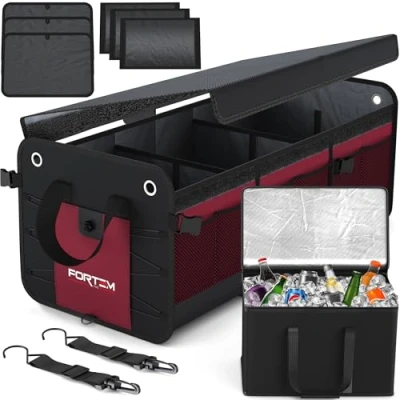 Imagen de FORTEM Organizador de Maletero Coche y SUV Caja Plegable con 3 Compartimentos Extra Grande Bolsa Nevera Base Antideslizante Cinchas Ajustables Tapa Extraíble (Rojo)